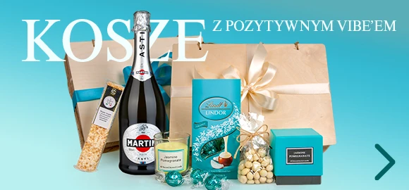 Kosze podarunkowe z Martini z niebieska wstazka